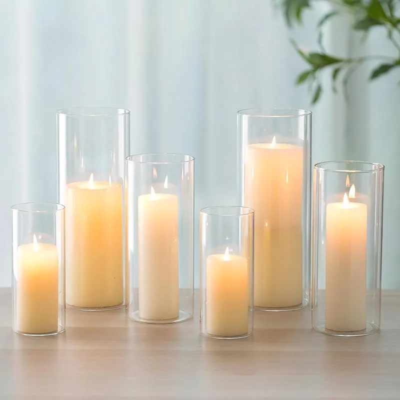 Romadedi Portavelas de Cristal para Mesa, Juego de 6 Cilindros de Cristal — Cena a la luz de velas