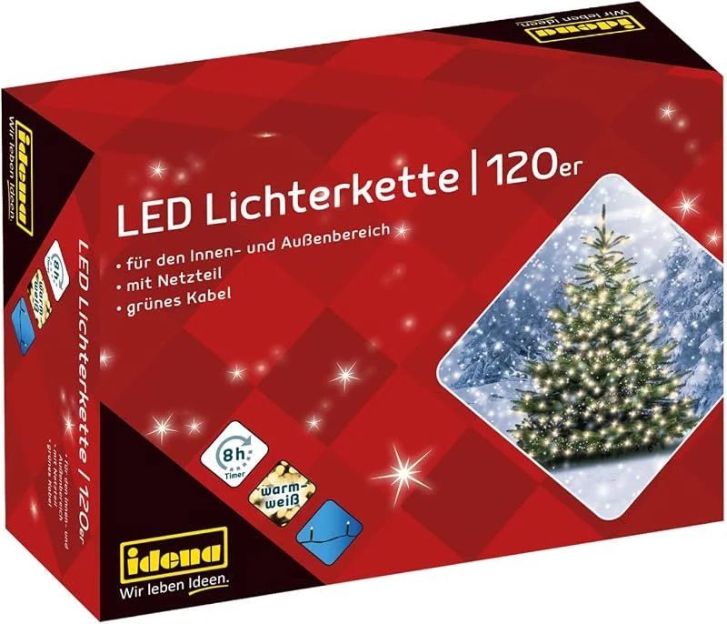 Visita la tienda de Idena Idena 8325097 - Cadena de luces LED con 120 LEDs en blanco cálido, con función de temporizador de 8 horas y transformador, para interior y exterior, para fiestas, navidad, decoración, bodas — Luces Navidad