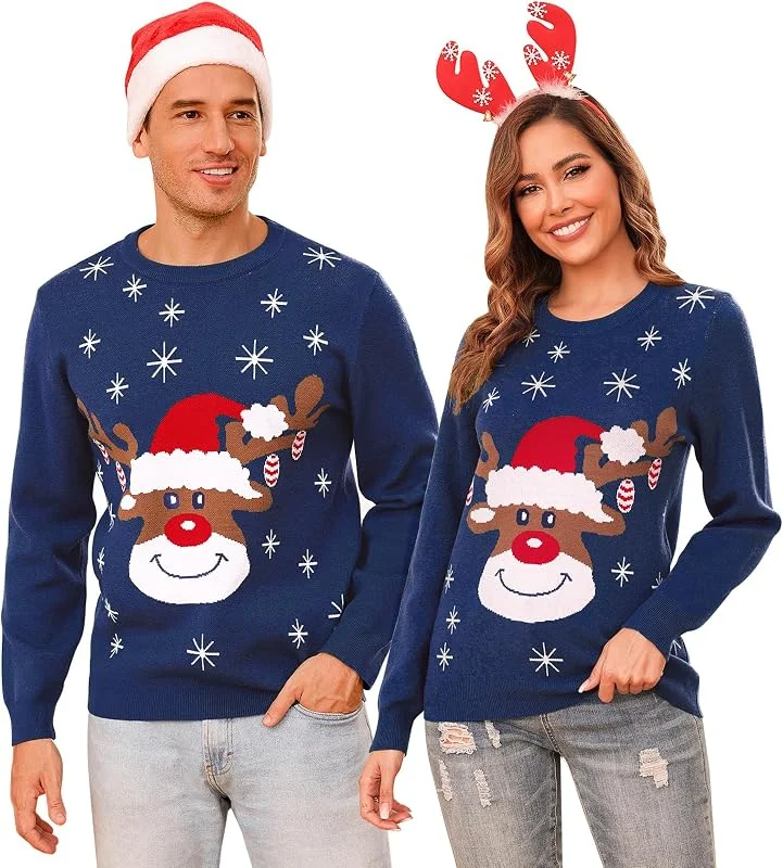 Visita la tienda de Aottori Aottori Jersey Navidad Mujer Hombre Suéter Navideño Matching Manga Larga Pullover Punto Unisex Pareja Cuello Redondo Reno Copo Nieve Invierno Familia — Ropa Navidad
