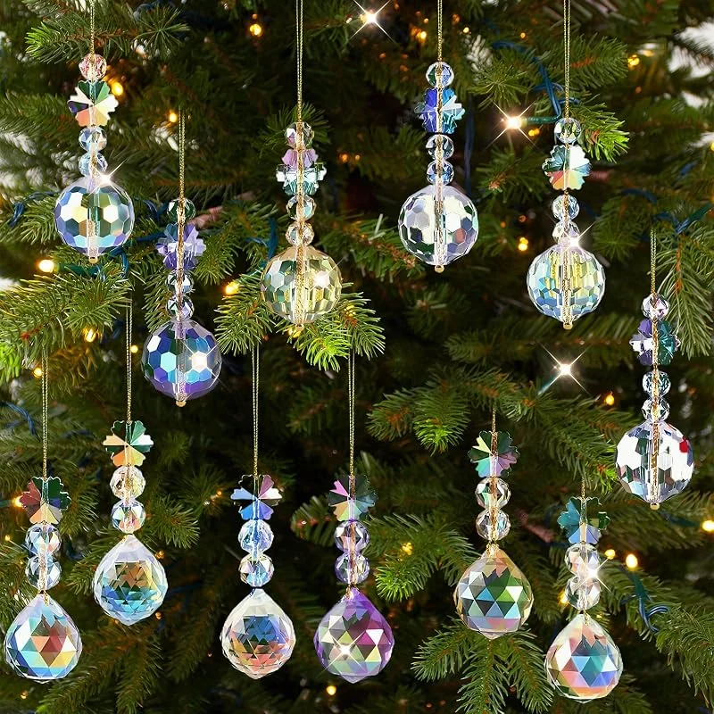 YUWJOOWEE 12 bolas de cristal para árbol de Navidad, bolas de cristal, bolas de prisma arcoíris, adornos atrapasueños, decoraciones de Navidad, colgantes multicolor para árbol de Navidad, decoración del hogar — Decoracion Navidad