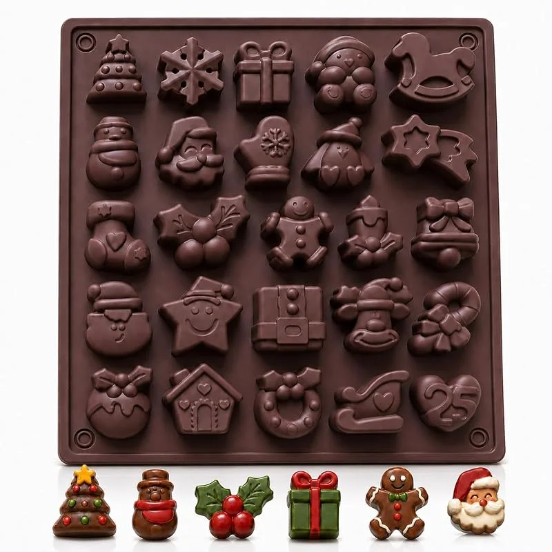 PTaizjjz Molde de chocolate de Navidad, 1 paquete de 25 cavidades, silicona, herramienta antiadherente para hornear pasteles con formas temáticas de caramelo Marrón — Hogar y cocina