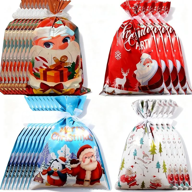 KIMHOME Juego de 24 bolsas de Navidad, bolsas de Navidad con cordón con estampados navideños (azul bosque, Papá Noel, reno rojo, etc.) para Navidad, cumpleaños, fiestas de vacaciones — Envoltorio regalo