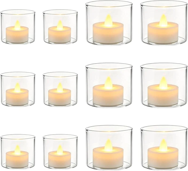 Feirdhoo 12 portavelas de té, portavelas de cristal, 6 x 4 x 4, 5 cm (S) + 6 x 5 x 5, 5 cm (L), vasos transparentes para velas de mesa, para bodas, fiestas, cumpleaños, fiestas o Navidad — Cena a la luz de velas