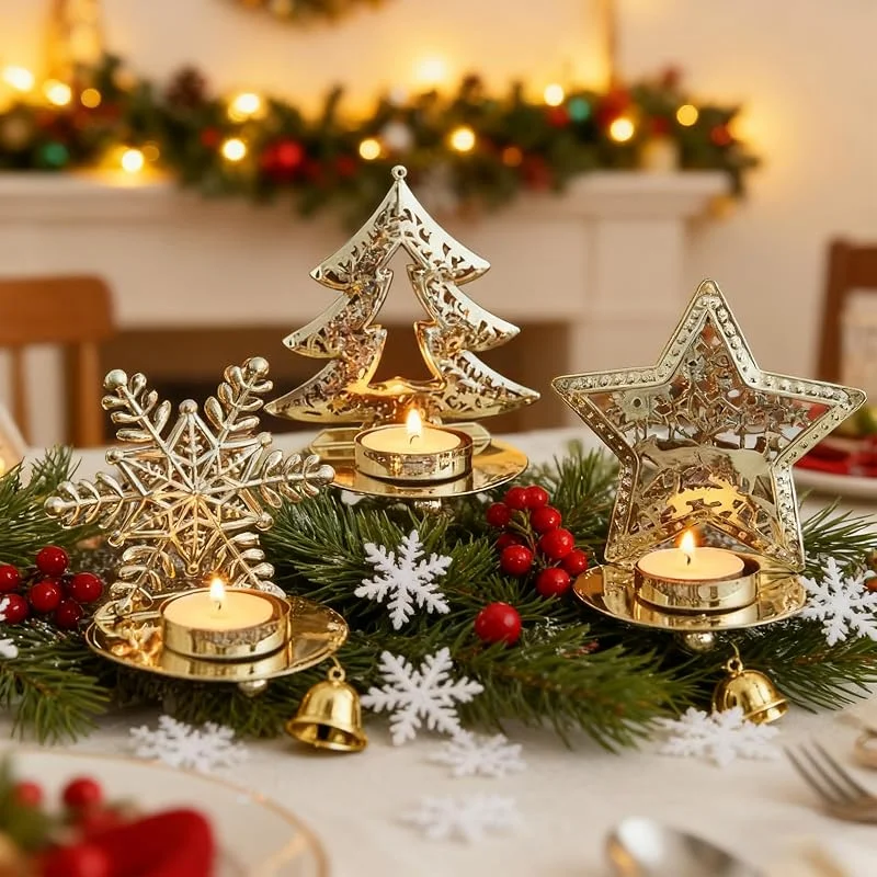 MrMrKura Juego de 3 portavelas de árbol de Navidad, decoración navideña de hierro decorativo, estrella de metal, portavelas votivo dorado para mesa de comedor, centro de mesa, fiesta, decoración del — Decoracion Navidad