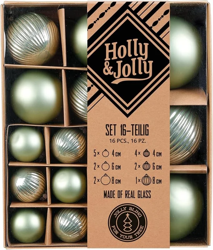 Holly & Jolly - Bolas de Navidad con Textura en Verde Salvia, 16 Unidades — Decoracion Navidad