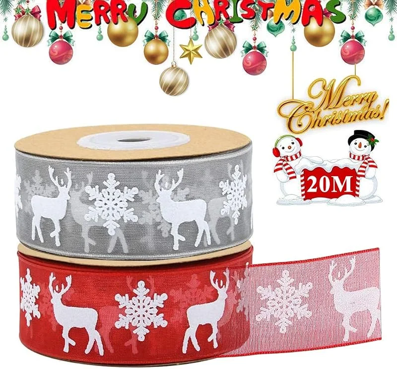 ZAWTR Cinta de Organza Navidad, 2 Rollos Cintas de Raso Navideña Gris Rojo Cintas de Navidad 25 mm con Copo de Nieve Alce, 20 M, 22 yardas Cinta Organza para Envolver Regalos, Lazo, Tarjetas, árbol de Navidad — Envoltorio regalo