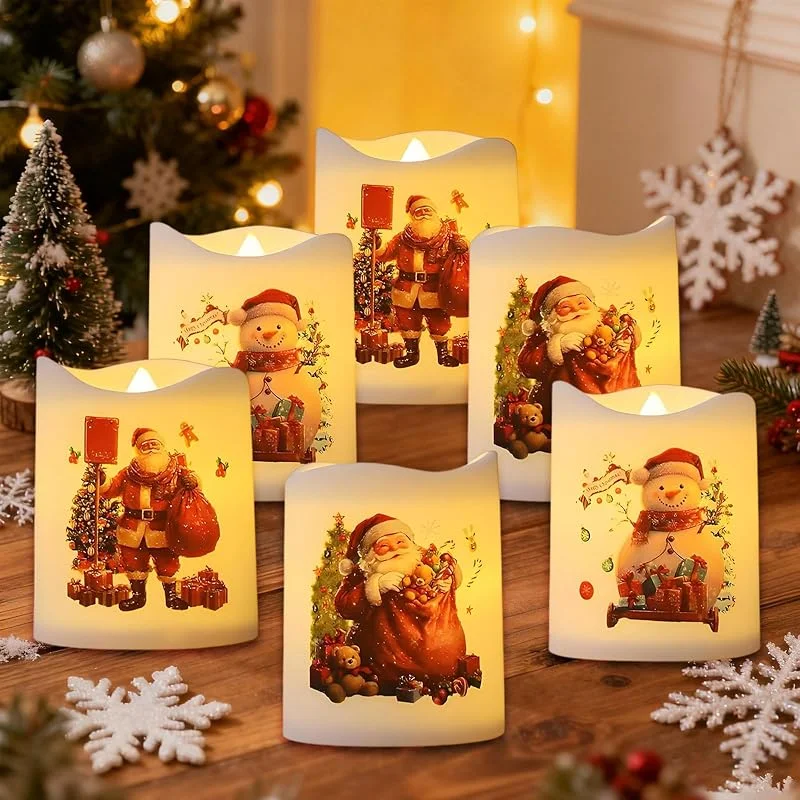 KOMEIYL 6pcs Led Velas Navidad, Muñeco Nieve Papá Noel Patrón Vela Led, Efecto Llama Decorativas Velas Led, Aplica a Arboles Navidad, Alféizares Ventanas, Mesas Comedor Añaden — Luces Navidad
