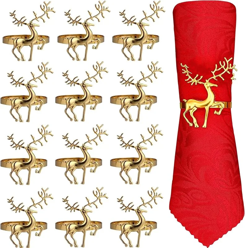 PVFZXS 12 servilleteros de Navidad, 4 cm, juego de servilleteros de reno de Navidad, color dorado, cierre de servilleta para Navidad — Adviento y mesa