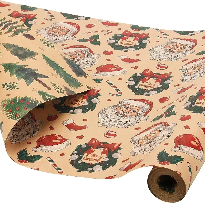 AhfuLife 1 Rollo de Papel de Regalo Navideño de Papel Kraft Reciclable — Envoltorio regalo