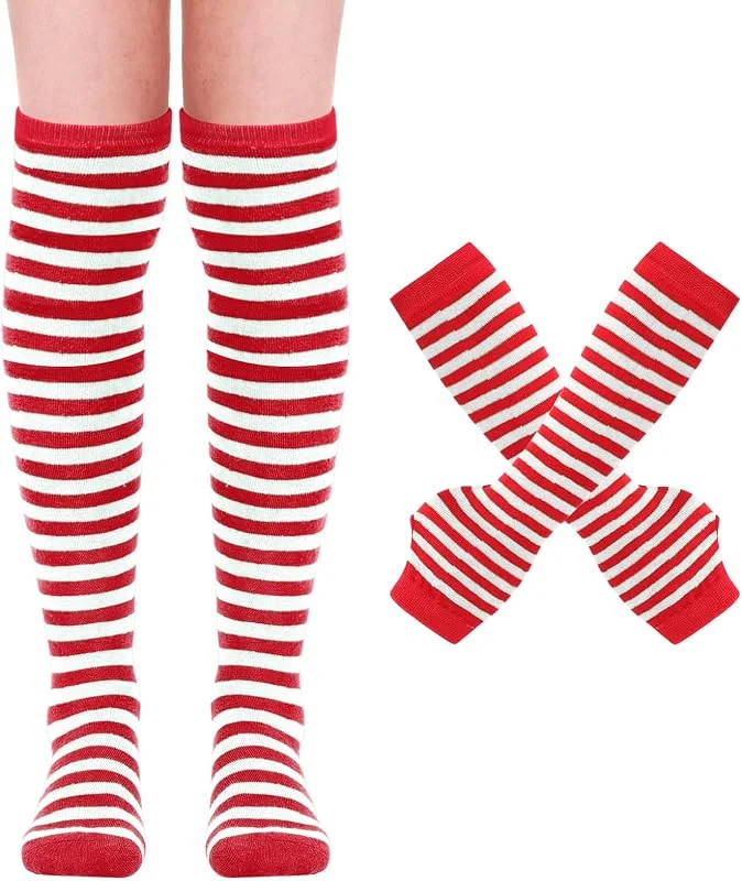 Mayoii Juego de calcetines altos hasta el muslo, guantes sin dedos, calcetines largos para mujeres y niñas, calentador de piernas — Ropa Navidad