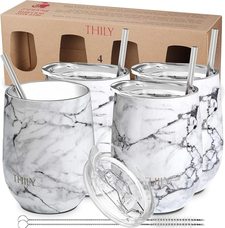 THILY Vasos de vino de acero inoxidable sin tallo, paquete de 4 copas de vino aisladas al vacío con tapas deslizantes y popotes, 350 ml, mantiene el frío para jugo, café, cerveza, mármol blanco — Vino y mesa festiva
