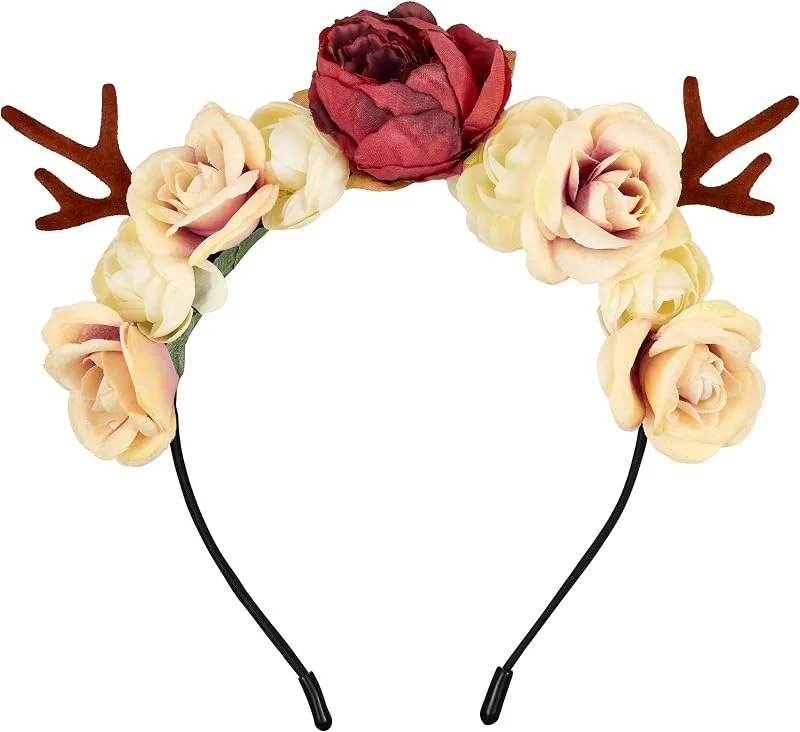 Balinco Diadema de reno con flores, rosas, ciervo, tocado — Ropa Navidad