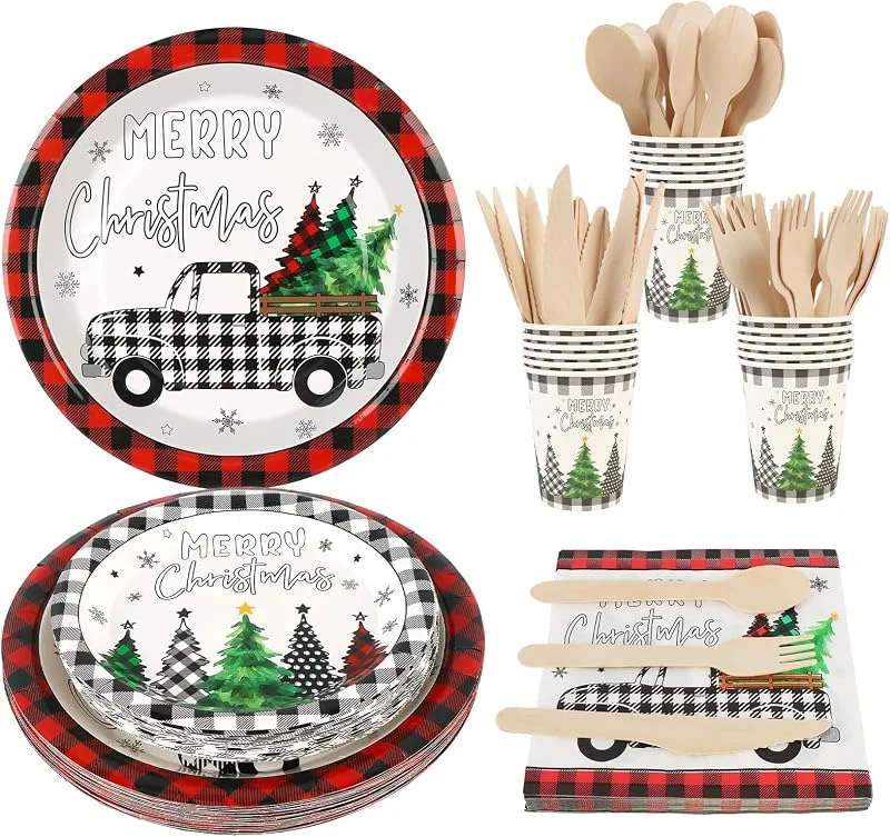Visita la tienda de Kalolary Kalolary Juego de Vajilla Desechable de Navidad 168 Piezas–24 Juegos con Platos de 9" y 7", Vasos de 9oz y Servilletas, Cuchillo, tenedor y cuchara–Decoración de Fiesta Navideña — Adviento y mesa