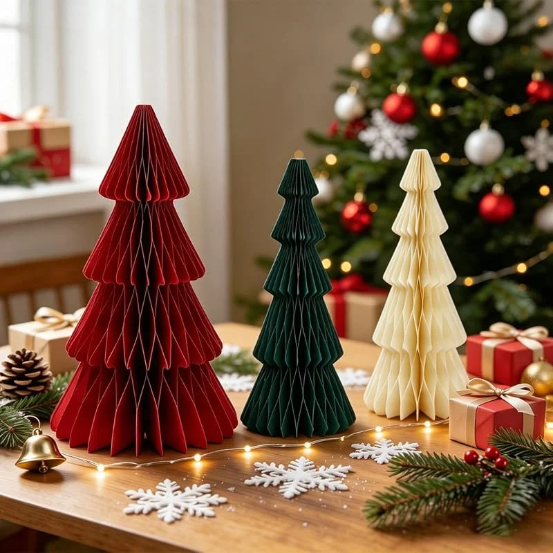 Filltown 3 árboles de Navidad de panal, 3D de papel verde, rojo y blanco, centro de mesa de Navidad, decoración vintage para fiesta de invierno, Año Nuevo, decoraciones de fiesta de vacaciones — Decoracion Navidad