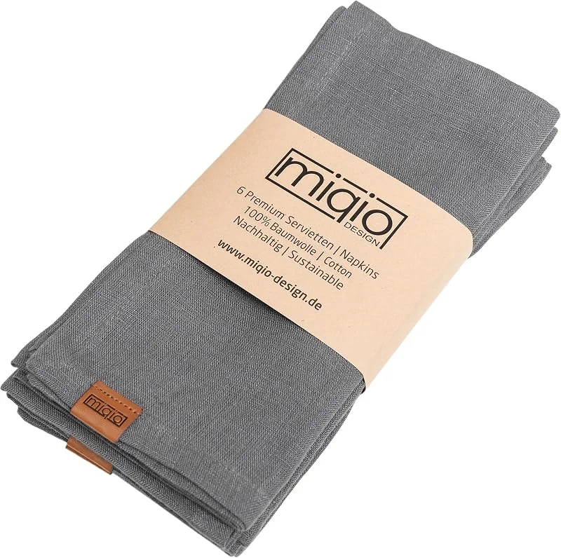 MIQIO® Design - Servilletas de algodón (6 unidades, 45 x 45 cm, 100 % algodón orgánico, certificado GOTS, BCI y Ökotex), color gris oscuro — Hogar y cocina