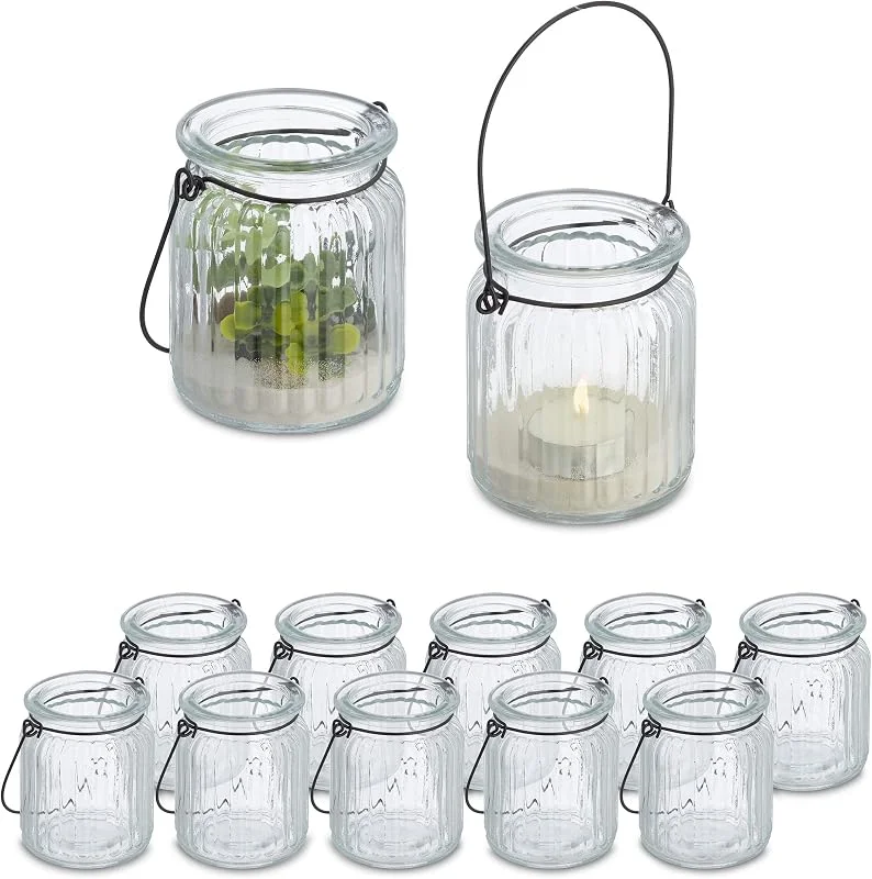 Visita la tienda de Relaxdays Relaxdays Portavelas, Set 12, Tarro con Asa, Interior, Exterior, 9, 5 x 8 cm, Porta Velas Té Bodas, Transparente, Negro — Cena a la luz de velas