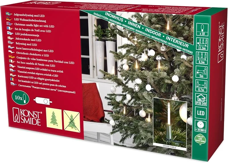 Konstsmide Konst Smide 1165-000 - Cadena de luces led para árbol de Navidad (10 velas luminosas pequeñas, 10 diodos de luz blanca cálida, transformador interno de 4, 5 V, incluye interruptor) — Luces Navidad