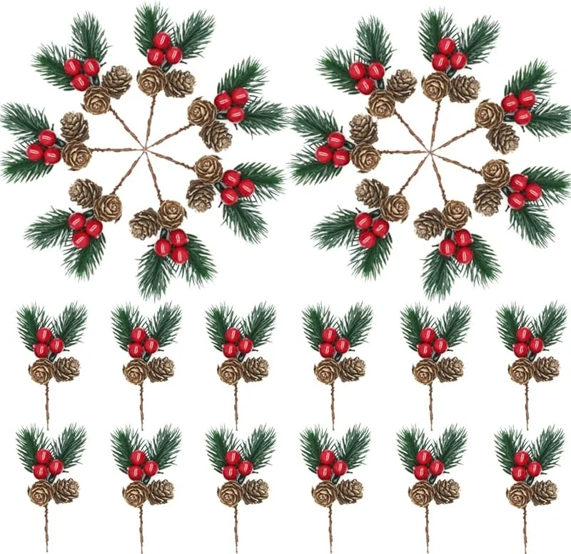 ZOSIGN 30 Piezas Ramas de Pino Artificial de Navidad con Bayas Rojas y Piñas, Ramas Arbol Navidad, Ramas de Abeto Artificiales, para Corona de Navidad, Manualidades, Decoracion Mesa Navidad — Adviento y mesa