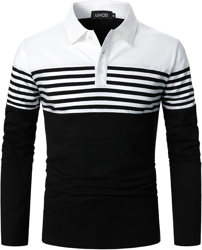 Visita la tienda de LUVCES Polo Manga Larga Hombre Camiseta de Golf Informal de Manga Larga a Rayas y Corte Ajustado de algodón con Colores en Contraste — Ropa Navidad