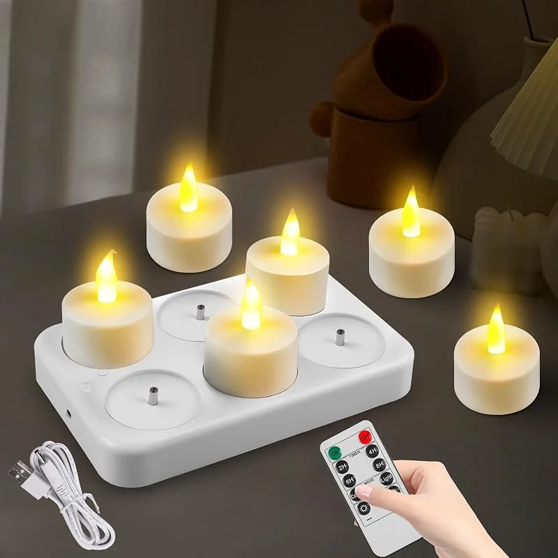 GOMETY 6 velas de té LED, recargables por USB, sin llama, con temporizador remoto, velas eléctricas de emulación para el hogar, habitación, mesa, Halloween, decoración navideña (marfil) — Cena a la luz de velas