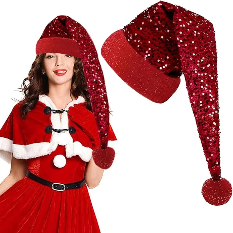 JOKILY Gorro largo de Navidad, gorro de Papá Noel, gorro con lentejuelas doradas para hombres y mujeres, fiesta de Navidad — Ropa Navidad