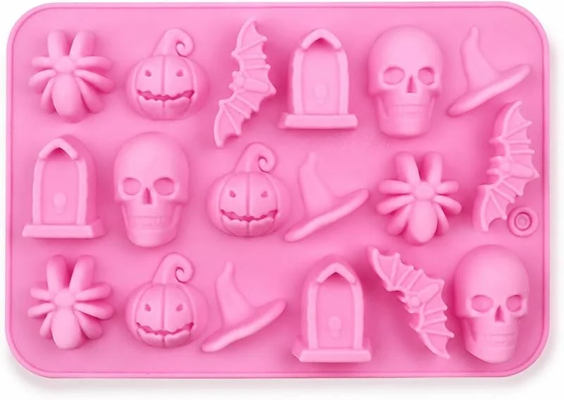 Rimotedeso 1 Pieza Molde de Silicona para Alimentos Halloween, Multimoldes Calabaza Murciélago Molde para Hornear, Antiadherente Flexible Molde para Chocolate, para Caramelos Cubitos de Hielo (Rosa) — Hogar y cocina