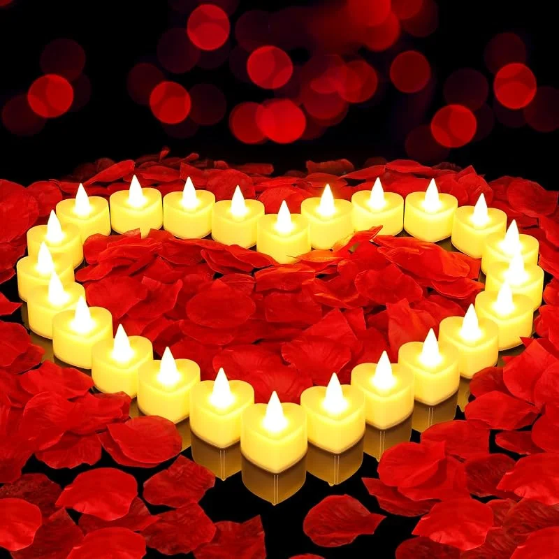 gobutend 2000 pétalos de rosa artificiales con 24 velas románticas sin llama, luces LED de té con forma de corazón, funcionan con pilas, para decoración de noche romántica, boda, aniversario, mesa — Cena a la luz de velas