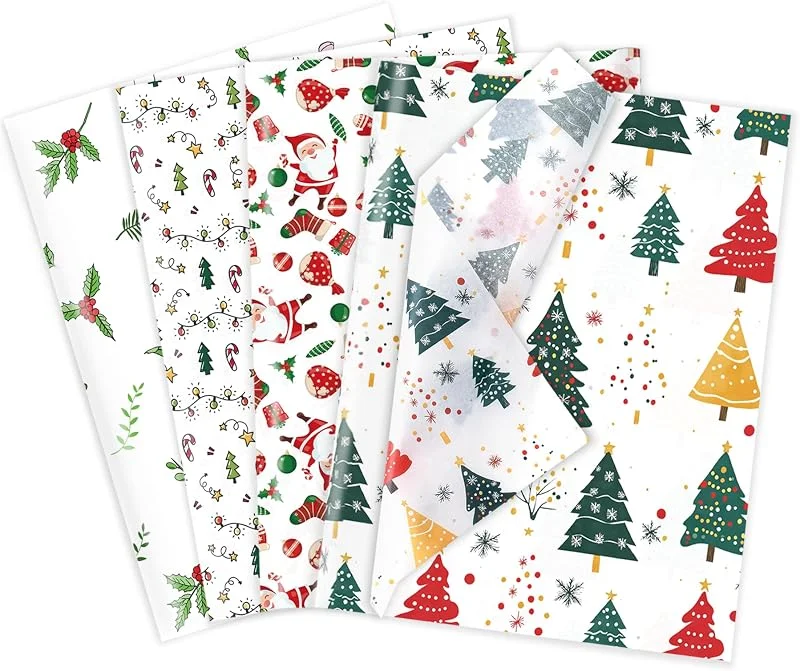 Visita la tienda de Larcenciel Larcenciel Papel de Seda Navidad, 60 Hojas Rojo y Verde Papel Seda para Envolver, Exquisito Embalaje Regalo Navidad, Envoltorios Regalos Colores con Papá Noel y Árbol para Año Nuevo, Fiesta, 50x35 CM — Envoltorio regalo