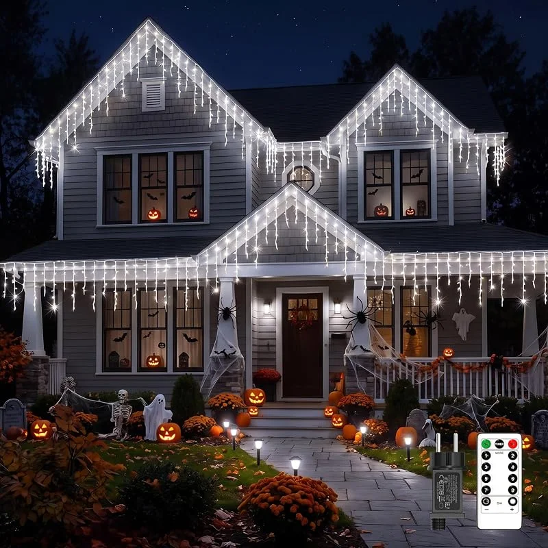 PEMOTech Cortina Luces Navidad Exterior, 10 m 423 LED, Luces de Navidad Exterior en Cascada para Tejado, Balcón y Ventanas, 85 Tiras, Mando a Distancia, 8 Modos, Temporizador 6 h, Blanco Frío