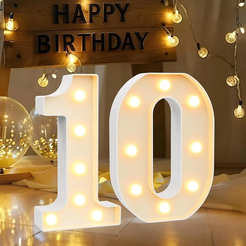 Ledido Letrero de números iluminados para regalos de 10º cumpleaños, luces LED blancas cálidas y frías para decoraciones de cumpleaños, graduación, aniversario, decoración de mesa de pared alimentada — Cena a la luz de velas