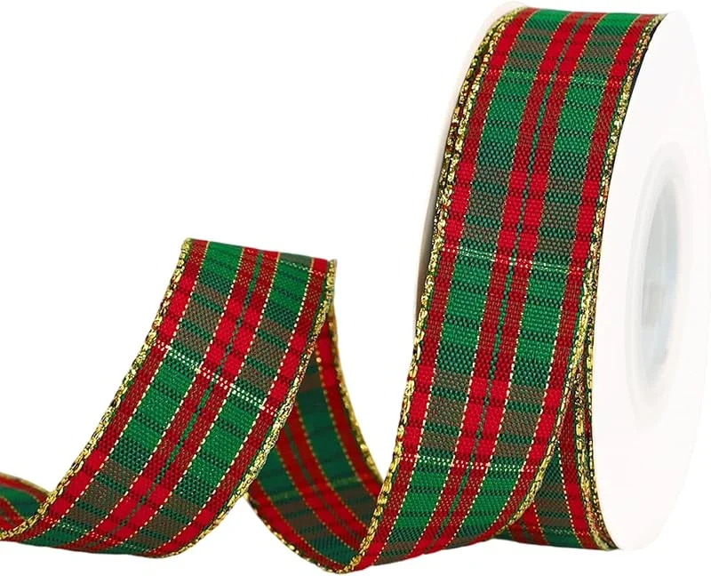lokxmve Cinta decorativa roja y verde de Navidad, cinta para regalo de Navidad, ancha de 40 mm, 10 yardas, cinta de Navidad a cuadros con borde dorado, cintas navideñas para regalo, árbol de Navidad — Envoltorio regalo