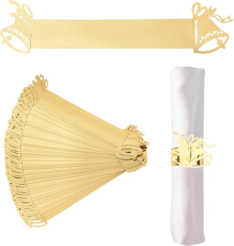 URROMA Servilleteros de Navidad, 50 unidades, reflectantes, dorados, con diseño de campana de Navidad, servilleteros para decoración de mesa, boda, Navidad, cena de fiesta, Acción de Gracias — Adviento y mesa