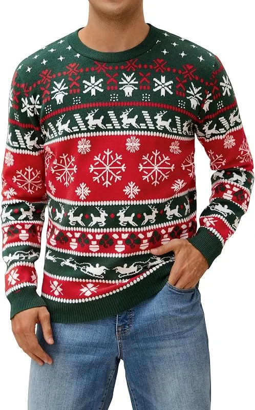 Atforna Jersey de Navidad para hombre Ugly Christmas Sweater Divertido Jersey de Navidad Cuello Redondo Jersey de Punto con Copo de Nieve para Navidad Fiesta — Ropa Navidad