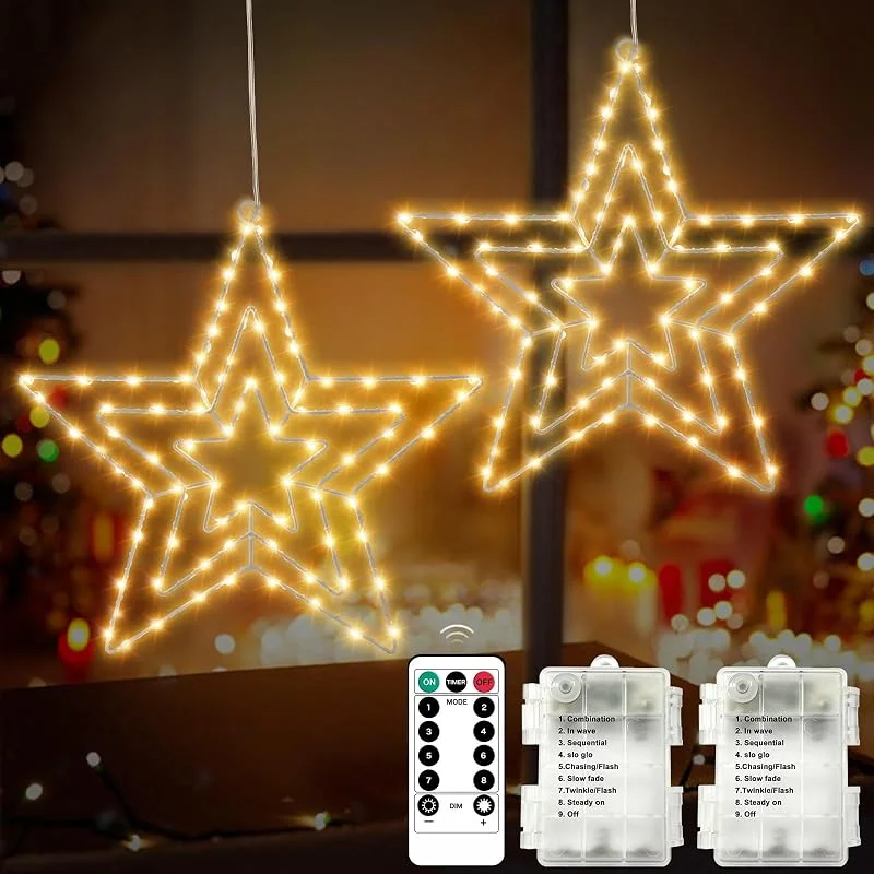Visita la tienda de AGOTD AGOTD estrella de Navidad iluminada con 2 paquetes de 75 LED de luz blanca cálida, cadena de luces de Navidad con temporizador para ventana, interior, habitación, balcón, cumpleaños, fiesta — Decoracion Navidad