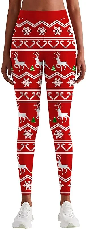 Rave on Friday Mujeres Leggins Patrón de Navidad Pantalones de Yoga Deportivos de Cintura Alta Gimnasio Elástico Elegante Slim Fit Skinny Entrenamiento atlético Pantalones para Correr Medias S-XL — Ropa Navidad