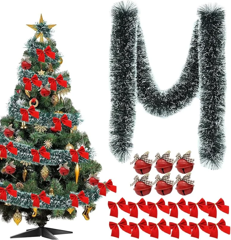Onlvmyur 10M Guirnalda de Navidad Onlvmyur Guirnalda Navidad Verde Artificial Guirnaldas de Oropel con Lazo y Campanas Decoraciones — Decoracion Navidad