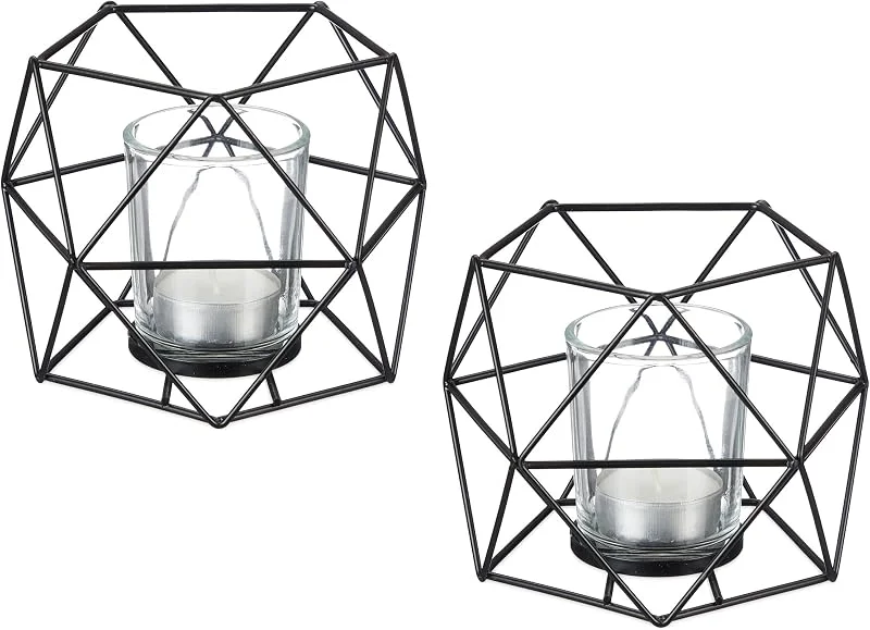 Visita la tienda de Relaxdays Relaxdays Portavelas de Té Geométricos, Set de 2, Metal, Negro — Cena a la luz de velas
