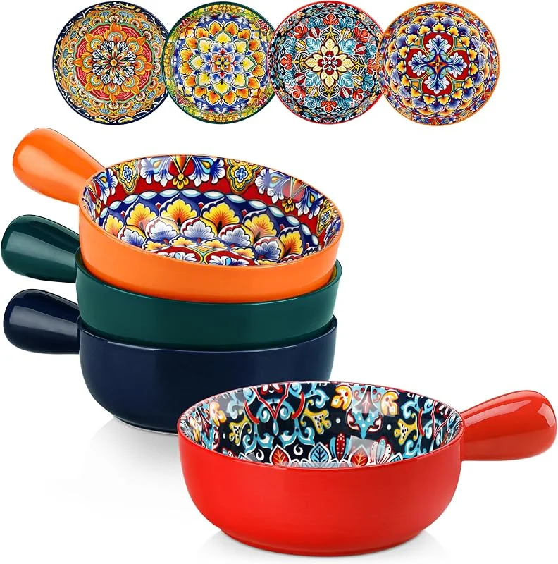 Visita la tienda de vancasso vancasso Juego de 4 Tazón de Sopa con Asa, 690ml Tazones de Consomé de Cerámica, Cuencos de Cereales con Cebolla Francesa, Apto para Microondas y Lavavajillas, Estilo Bohemio — Adviento y mesa