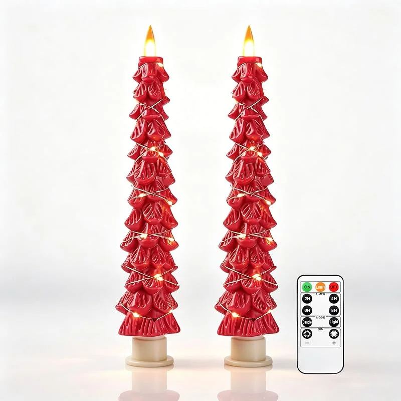 Visita la tienda de Da by Da by 2 Velas LED de Árbol de Navidad Rojo, Velas Sin Llama con Cadena de Luces de Cobre, Efecto de Llama Realista, Funcionan con Pilas y Mando a Distancia para Decoración Navideña — Luces Navidad