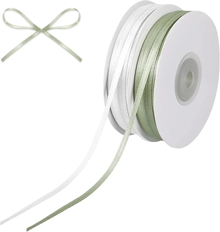 ROOMHUAWAY 2 rollos de cinta de raso blanco + verde, 91 m x 3 mm, cinta de regalo, cinta decorativa de eucalipto, para bodas, cumpleaños, bautizos, Navidad y decoración de manualidades — Envoltorio regalo