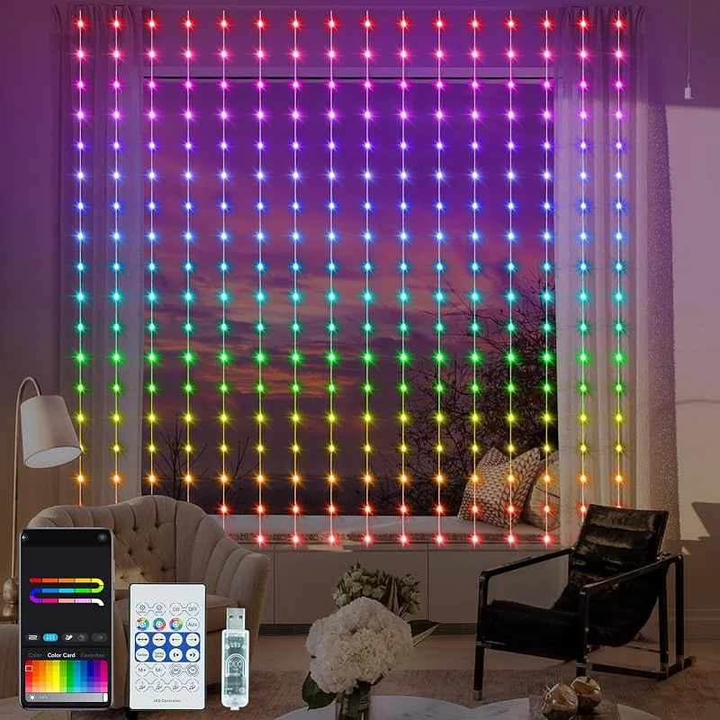 ZAIYW Cortina de Luz Inteligente RGB 5050 con Chip Integrado, Cortina de Luces de Hadas de 2, 4 M x 1, 8 M Control Remoto y Control de Aplicación, Cortina de Luces de Hadas de 144 LED para Fondo — Luces Navidad