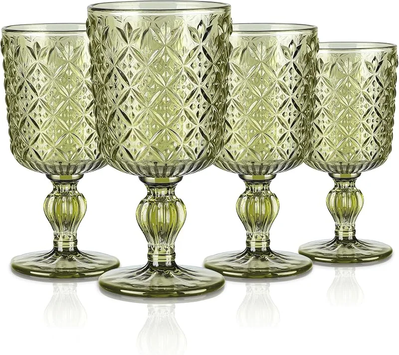 Visita la tienda de Joeyan Joeyan 300ml Copas de Vino Tinto de Verde con Geométrico Relieve, Set de 4 — Vino y mesa festiva
