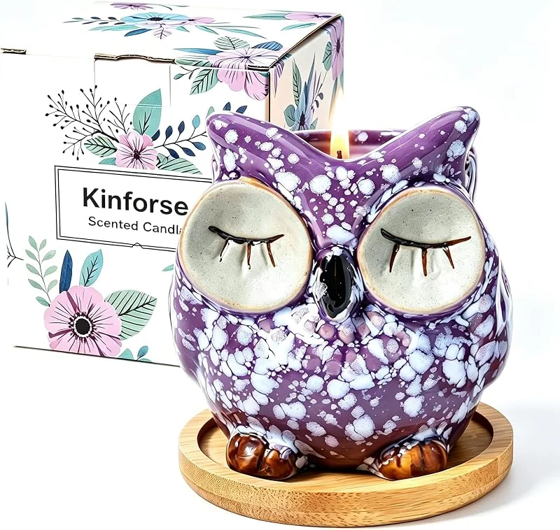 Kinforse elegante vela perfumada de lavanda con diseño de búho, juego de velas de aromaterapia para ella, regalos de cumpleaños y aniversarios — Cena a la luz de velas