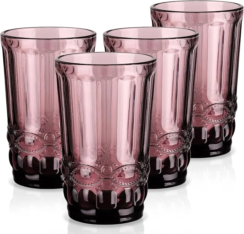 Visita la tienda de Joeyan Joeyan 330ml Morado Vasos de Cristal agua Vintage con Relieve, Juego de 4 — Vino y mesa festiva