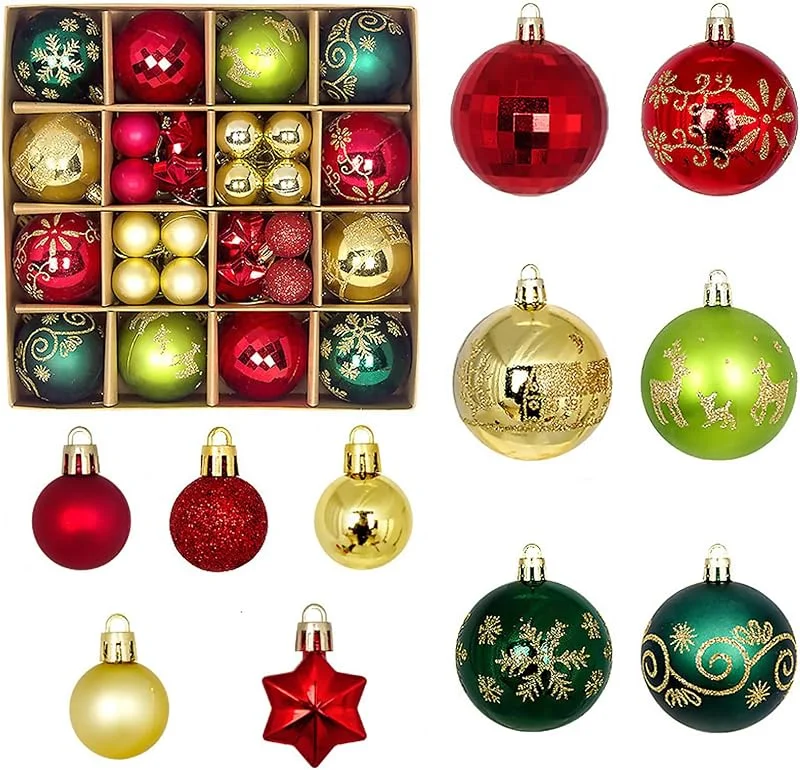 Qaestuan 44 Piezas Bolas Arbol de Navidad, 3&6cm Juego de Bolas de Navidad, Plastic Christmas Ball Ornaments, para Decoración Arbol Navideñas Casa (Rojo, Verde, Dorado) — Decoracion Navidad