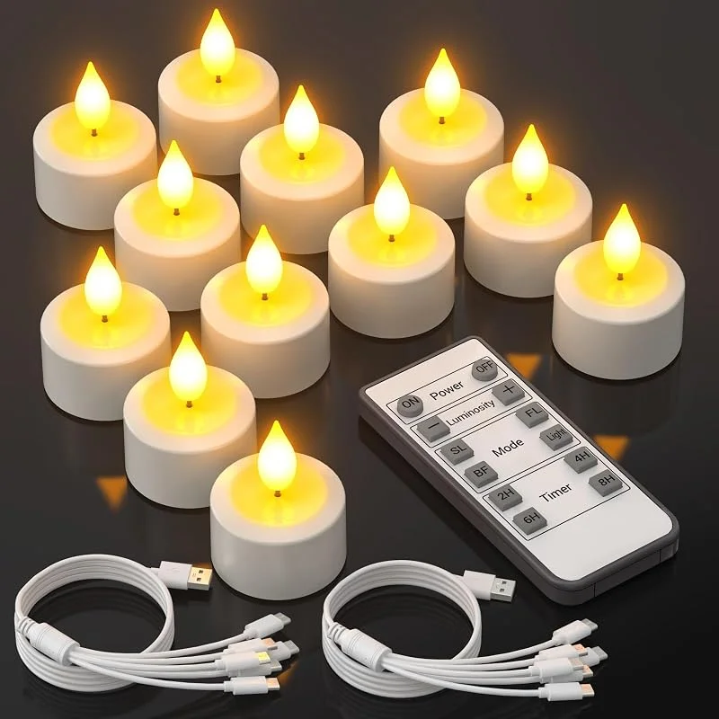 Visita la tienda de Yme Yme Velas de Té LED Recargables USB, 12 Piezas Vela LED Efecto Llama Velas Electricas Decorativas con Mando a Distancia para Halloween Navidad Fiesta Hogar Cara Decoración — Luces Navidad