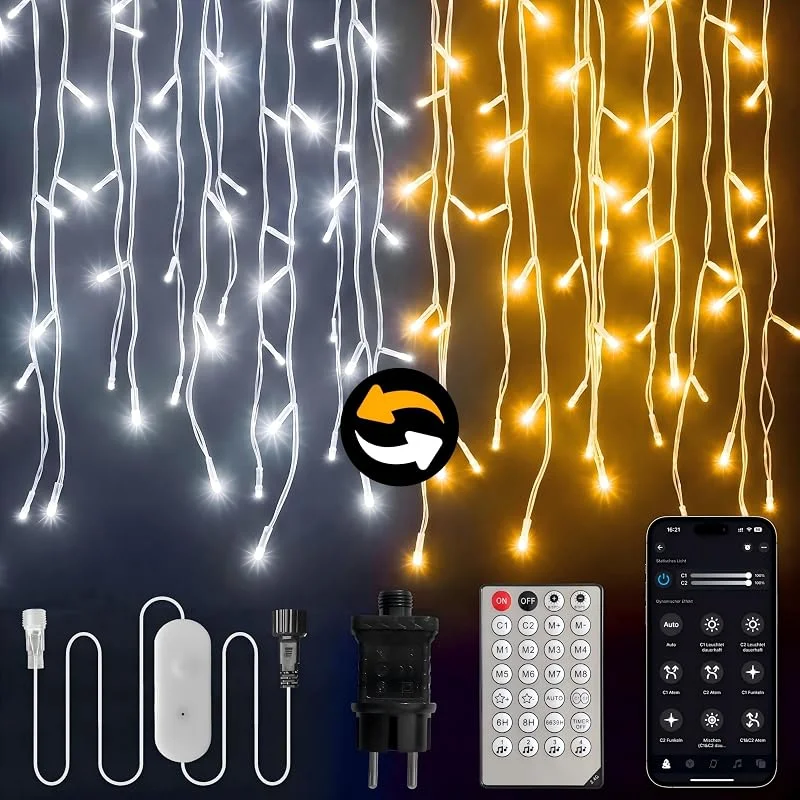 SHUNLEE Cascada Luces Navidad Exterior con La App (Cálido, Frío, 30M)