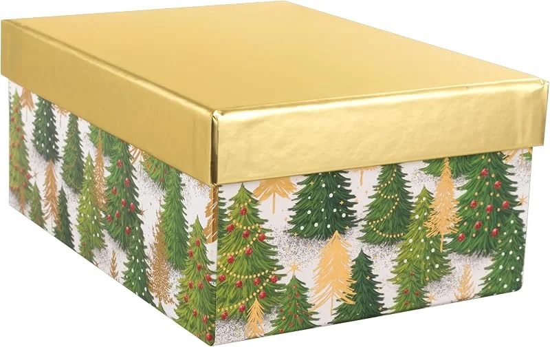 Visita la tienda de Idena Idena 31494 - Caja de regalo con tapa de 20 x 15 cm, caja de regalo para Navidad con abetos en verde y dorado — Envoltorio regalo