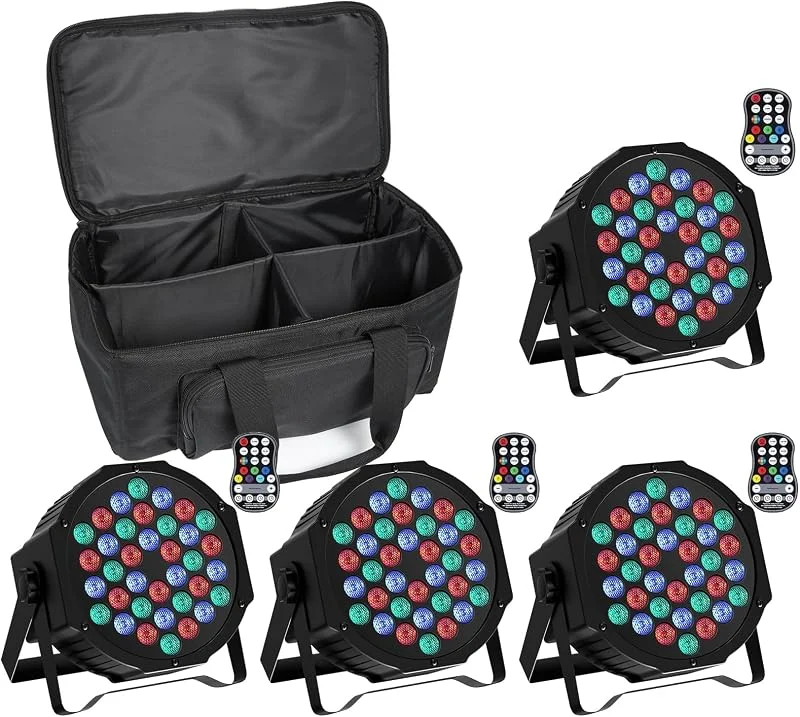 U`King 4PCS Par LED Recargable con Bolsa, RGB 36 LED Focos Luces Escenario con Control Remoto y Función de Temporización, 7 Modos de Iluminación de Escenario y Control DMX para DJ Discoteca Party — Luces Navidad