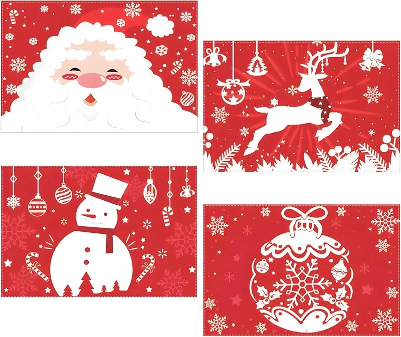 Pwsap Juego de 4 Manteles Individuales de Lino Navideños, Papá Noel Reno Snowman Campana Salvamanteles Individuales, Rojos Lavables Salvamanteles de Mesa para Fiestas Navideñas Mesa de Cocina Hogar Decor — Hogar y cocina